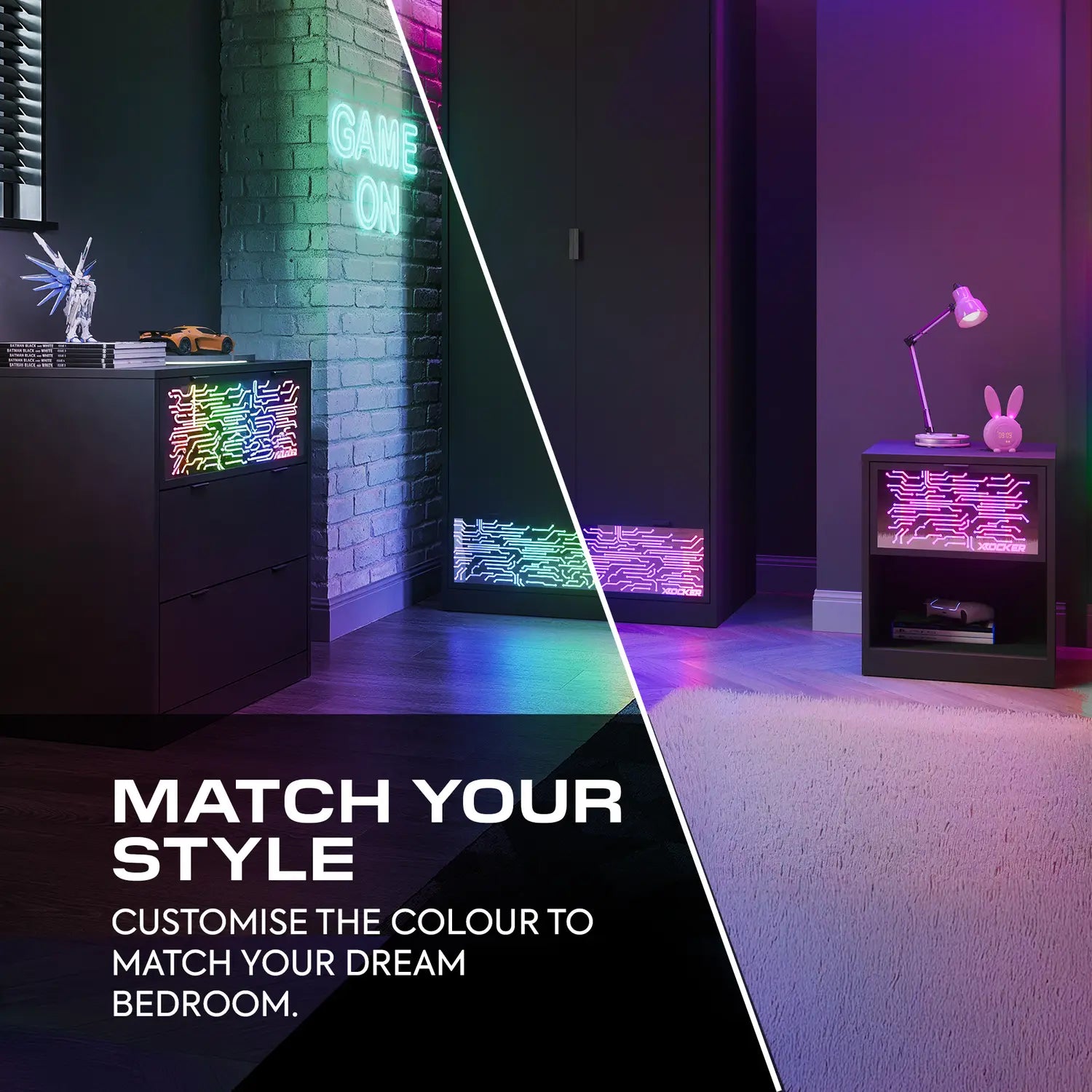 Two different bedroom setups with colorful lighting and text 'Match Your Style'.