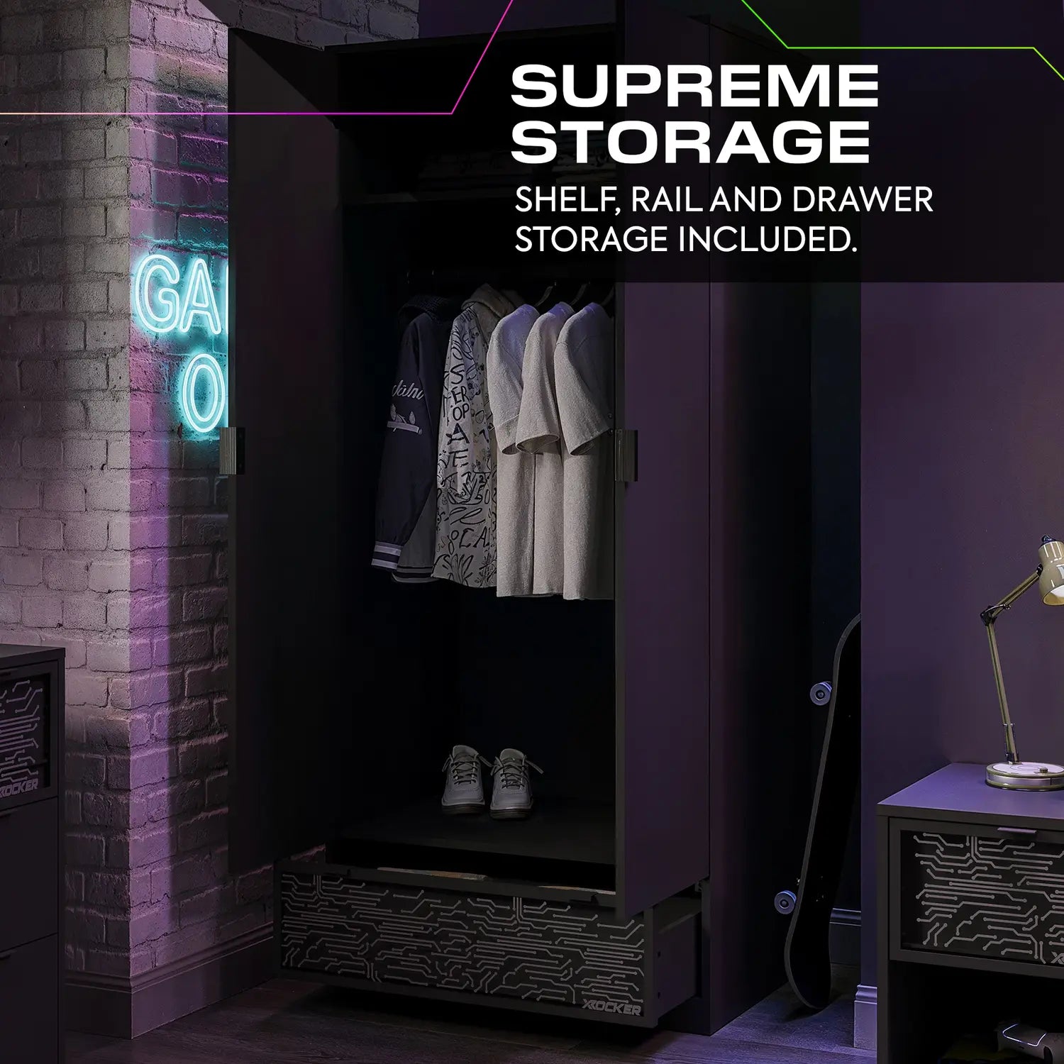 NeoNite wardrobe with clothes and neon sign on brick wall, labeled 'Supreme Storage'.