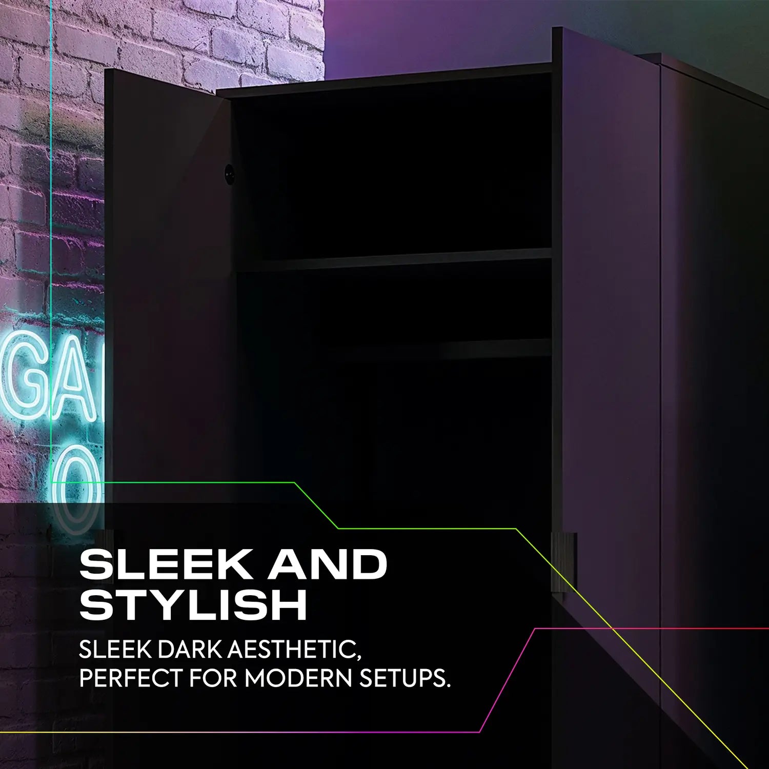 Black NeoNite Wardrobe against a brick wall with neon sign, text 'Sleek and Stylish' displayed.