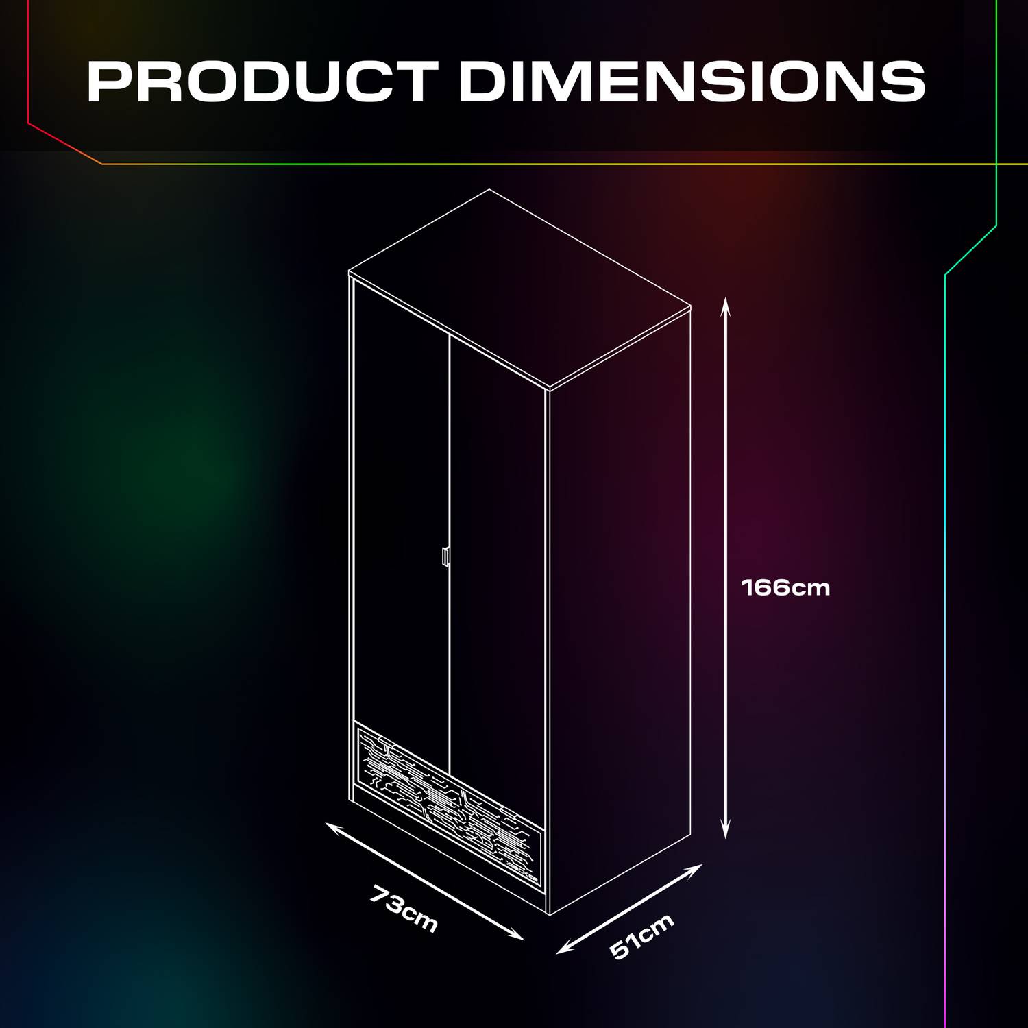 NeoNite Wardrobe dimensions diagram with measurements on a dark background