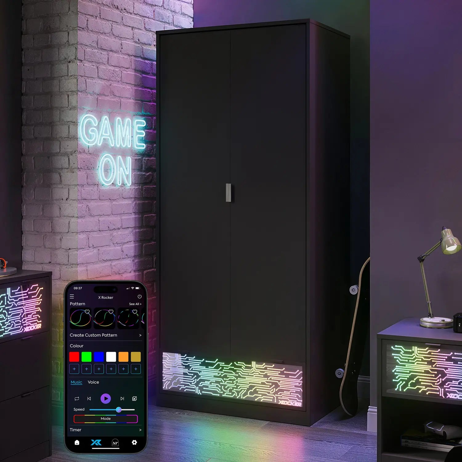 Wardrobewith RGB lighting and smartphone app control in a room with neon lights.