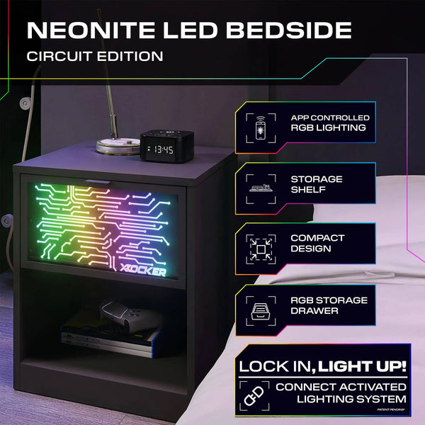 neonite bedside table highlights, showing off the lighting, compact design and shelving and drawer.