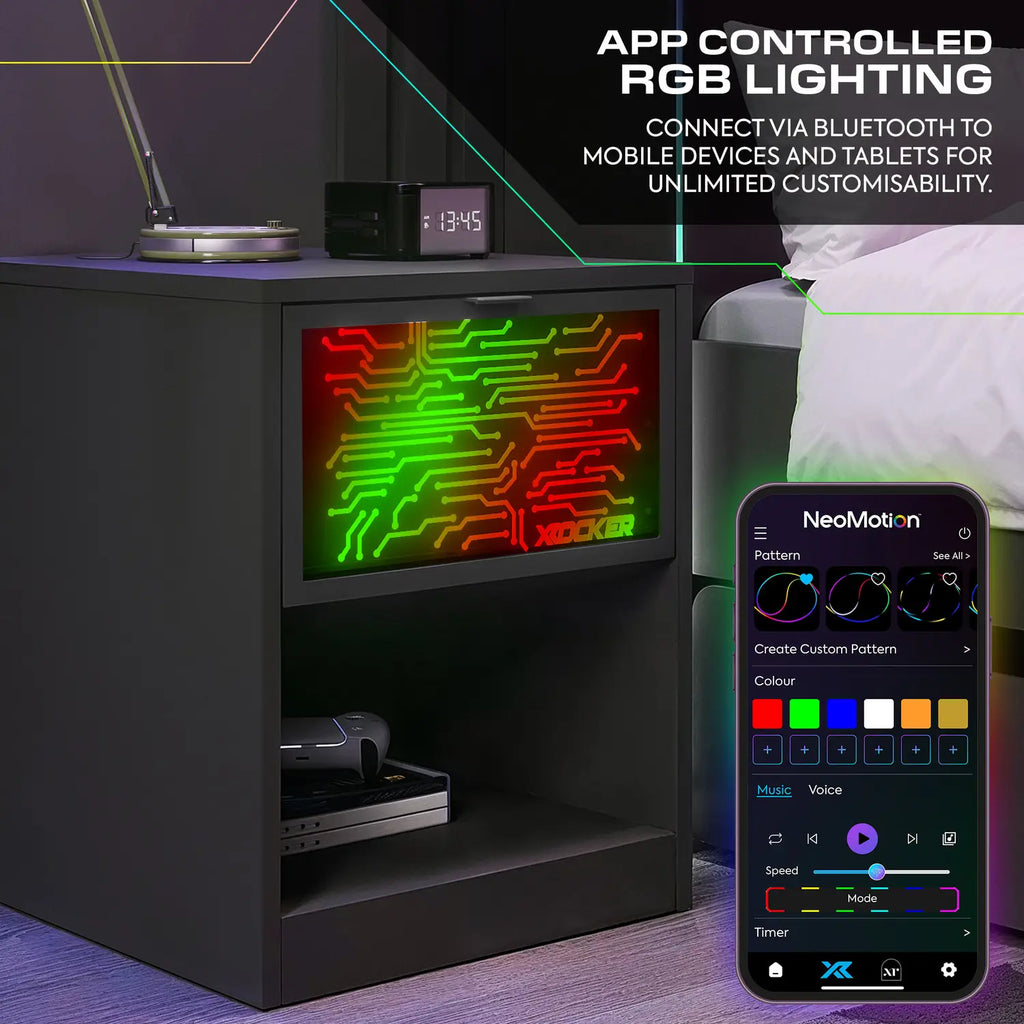 App-controlled RGB lighting system with smartphone app interface and nightstand setup.