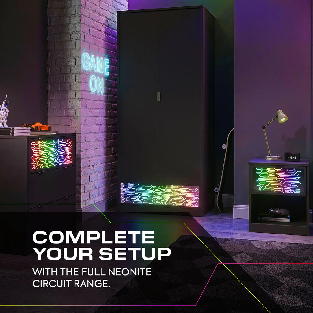 Gaming room setup with neon lights and a large black cabinet.