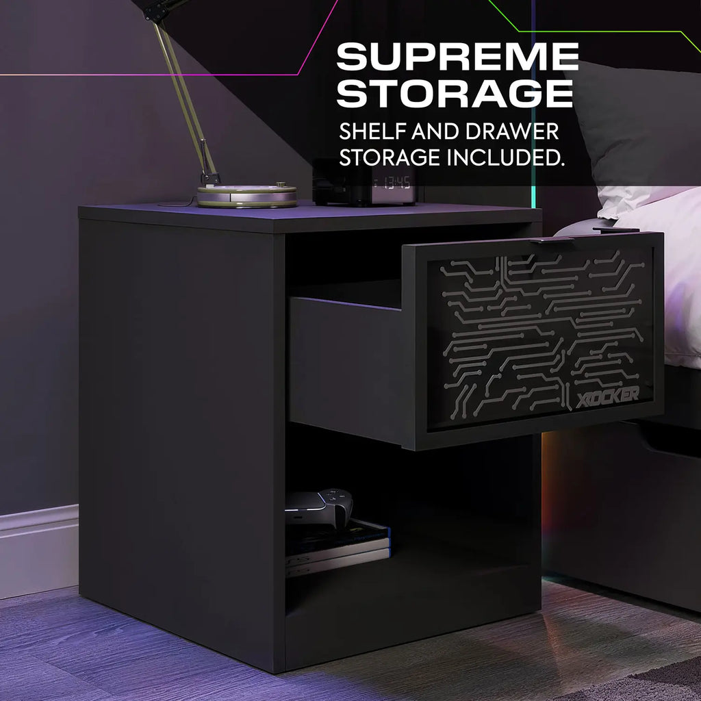 Black nightstand with open drawer in a bedroom setting, featuring 'Supreme Storage' text.