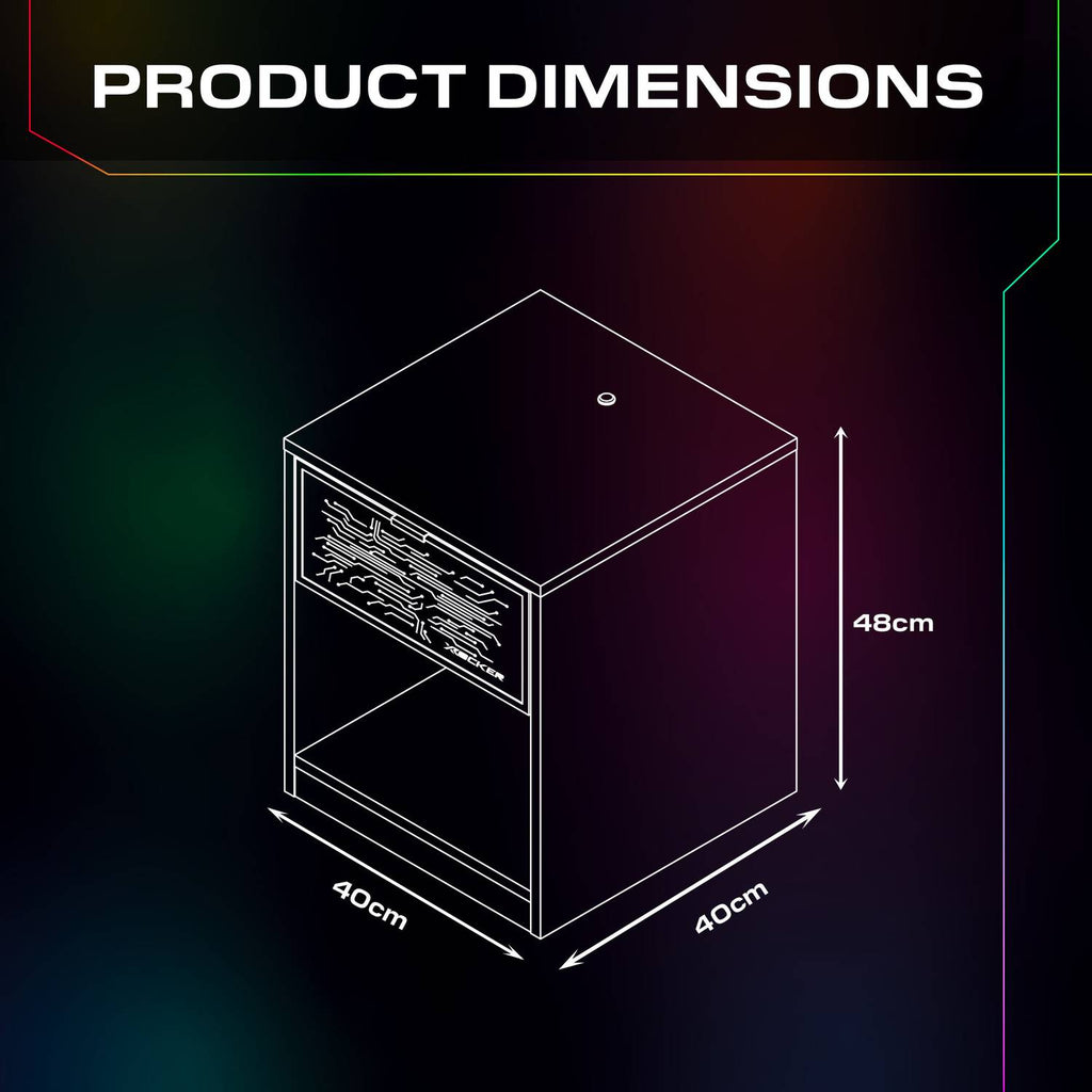 Product dimensions diagram with a black box on a dark background