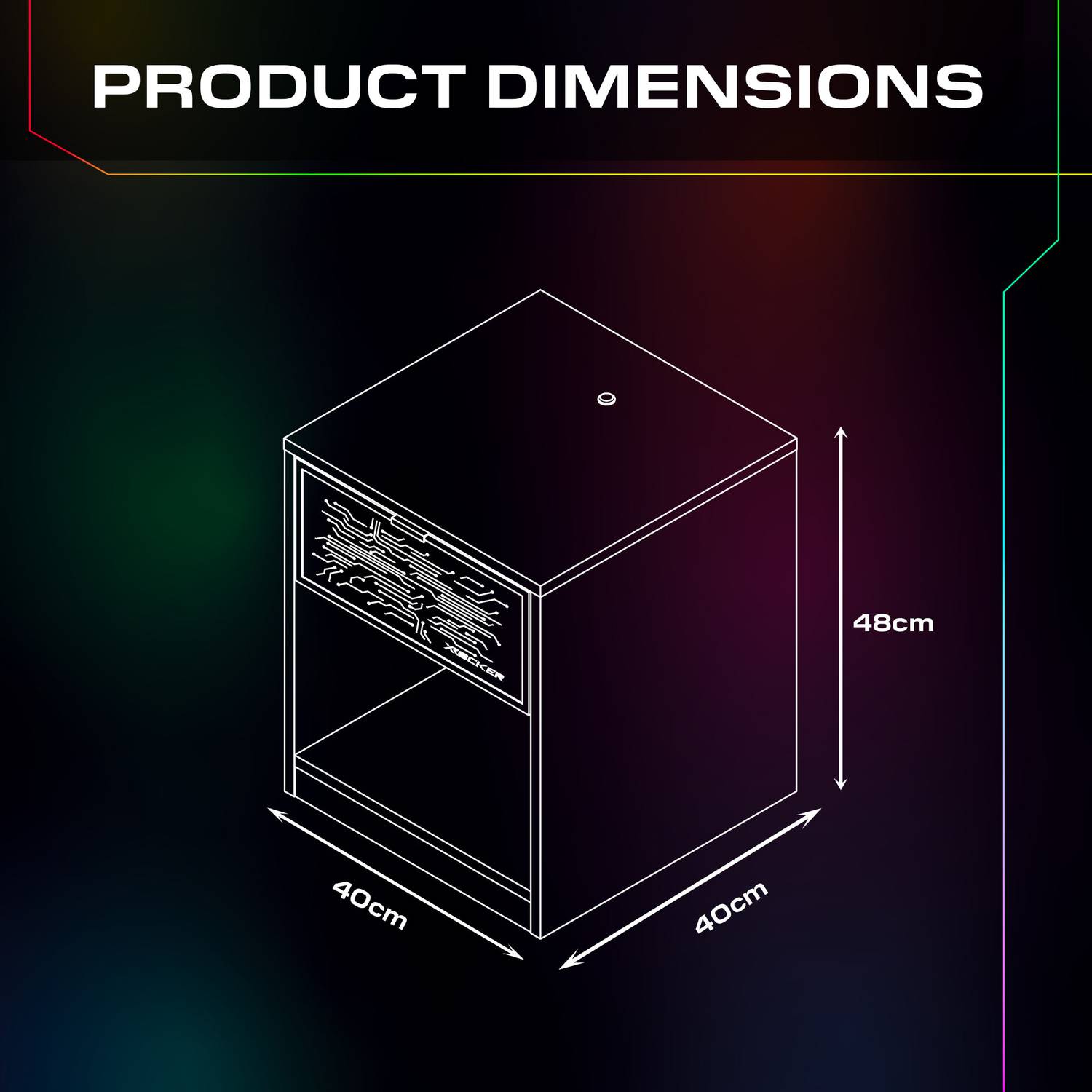 Product dimensions diagram with a black box on a dark background