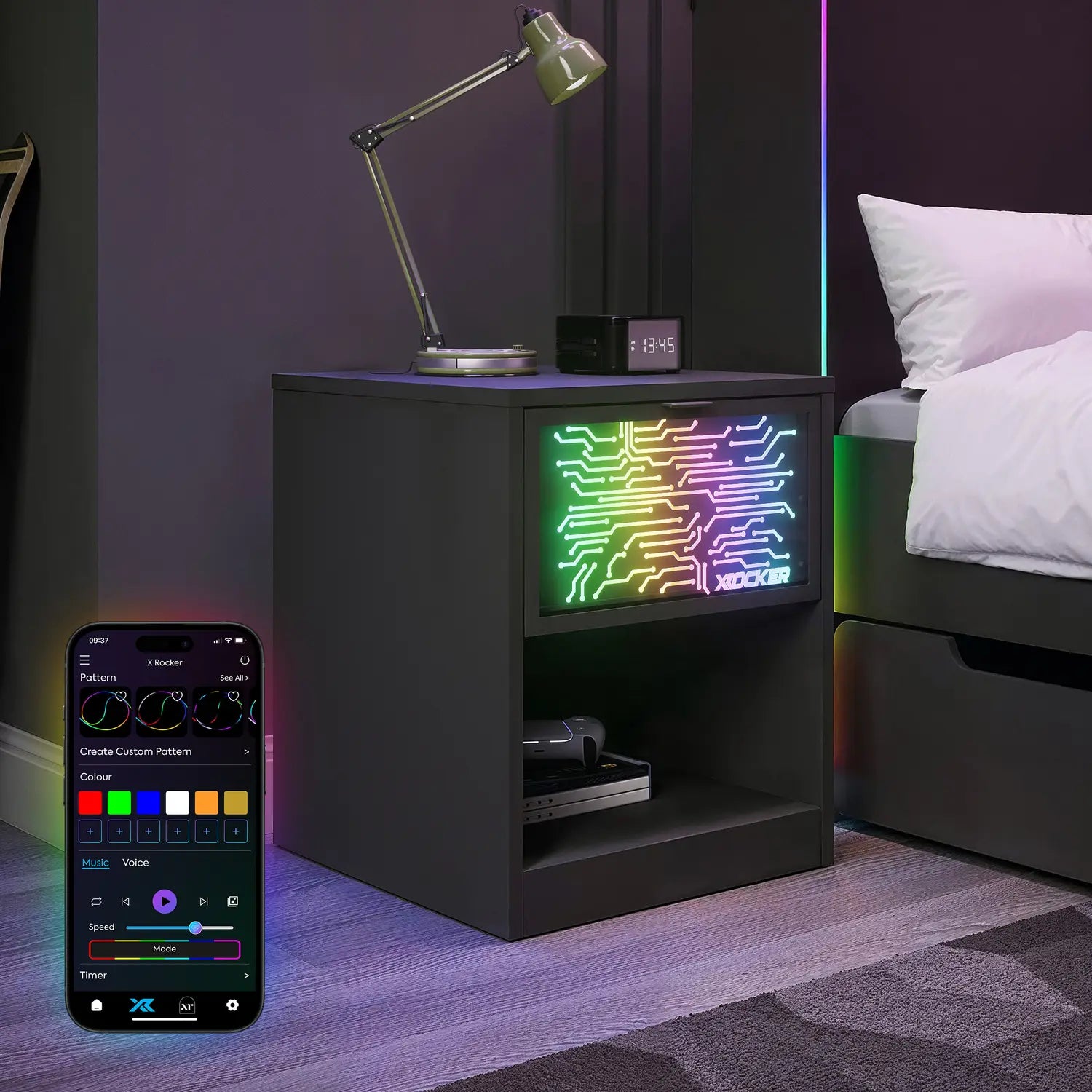 Modern NeoNite nightstand with digital display and smartphone app control in a bedroom setting.