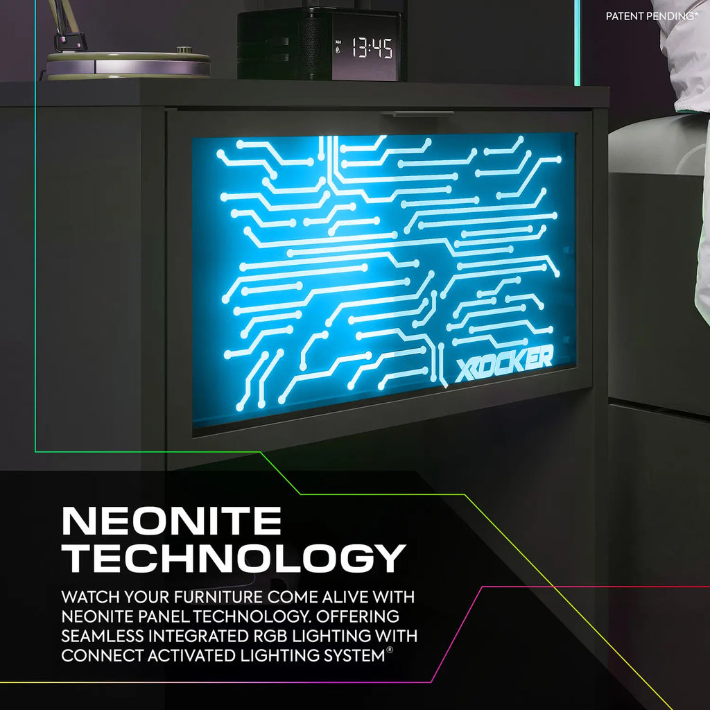 Neonite technology panel with circuit design on a dark background