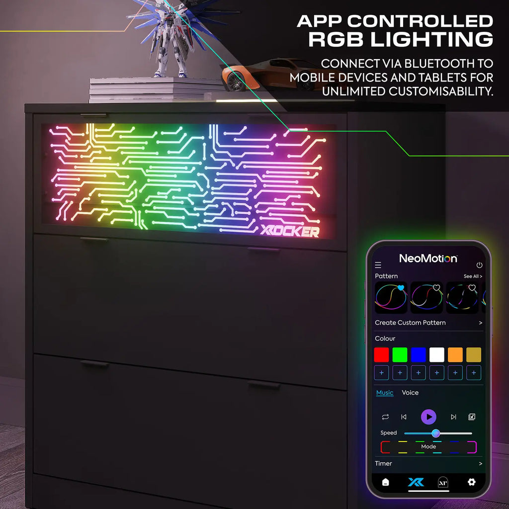 App-controlled RGB lighting system with smartphone app interface on a dark background
