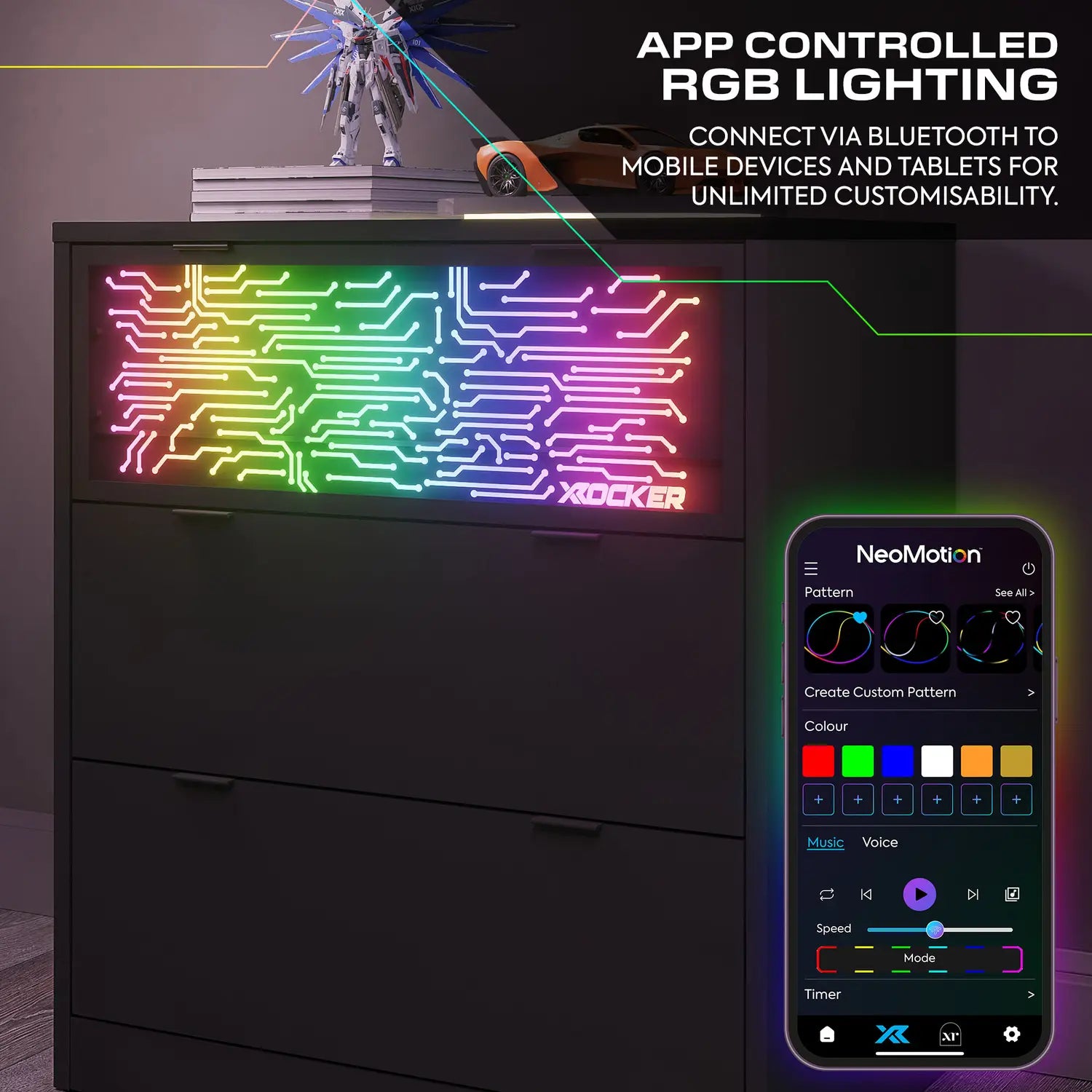 App-controlled RGB lighting system with smartphone app interface on a dark background