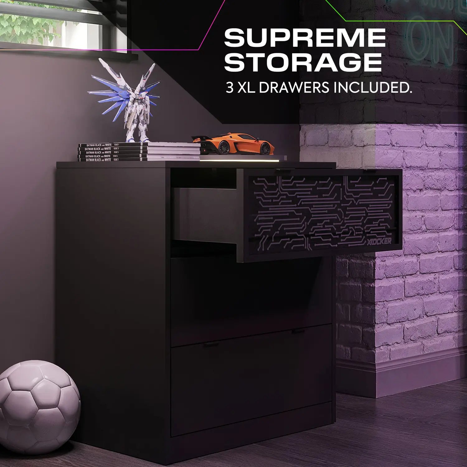 Black storage unit with 'Supreme Storage' text and 3 XL drawers, in a room with a brick wall and window.
