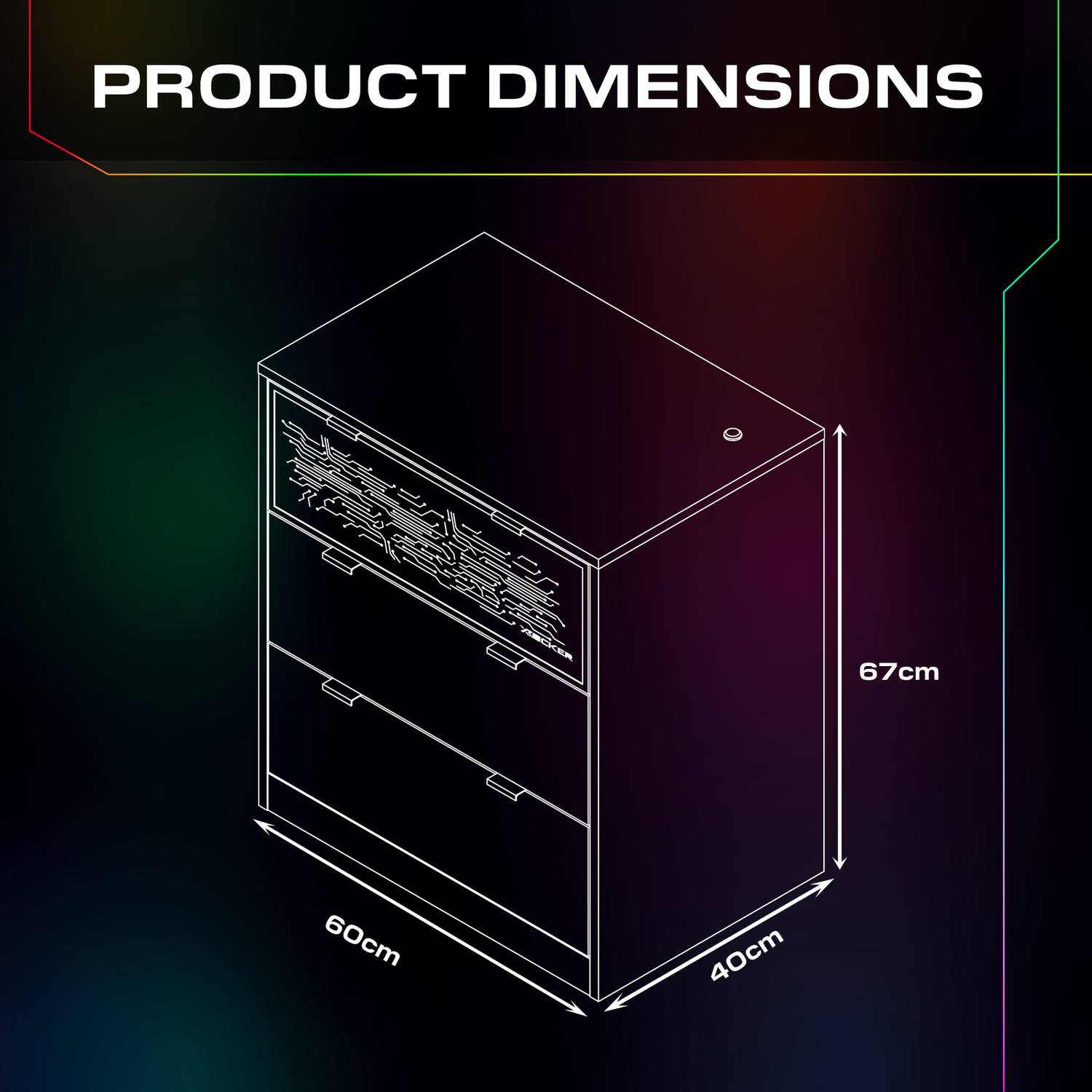 Product dimensions diagram with a black box on a dark background