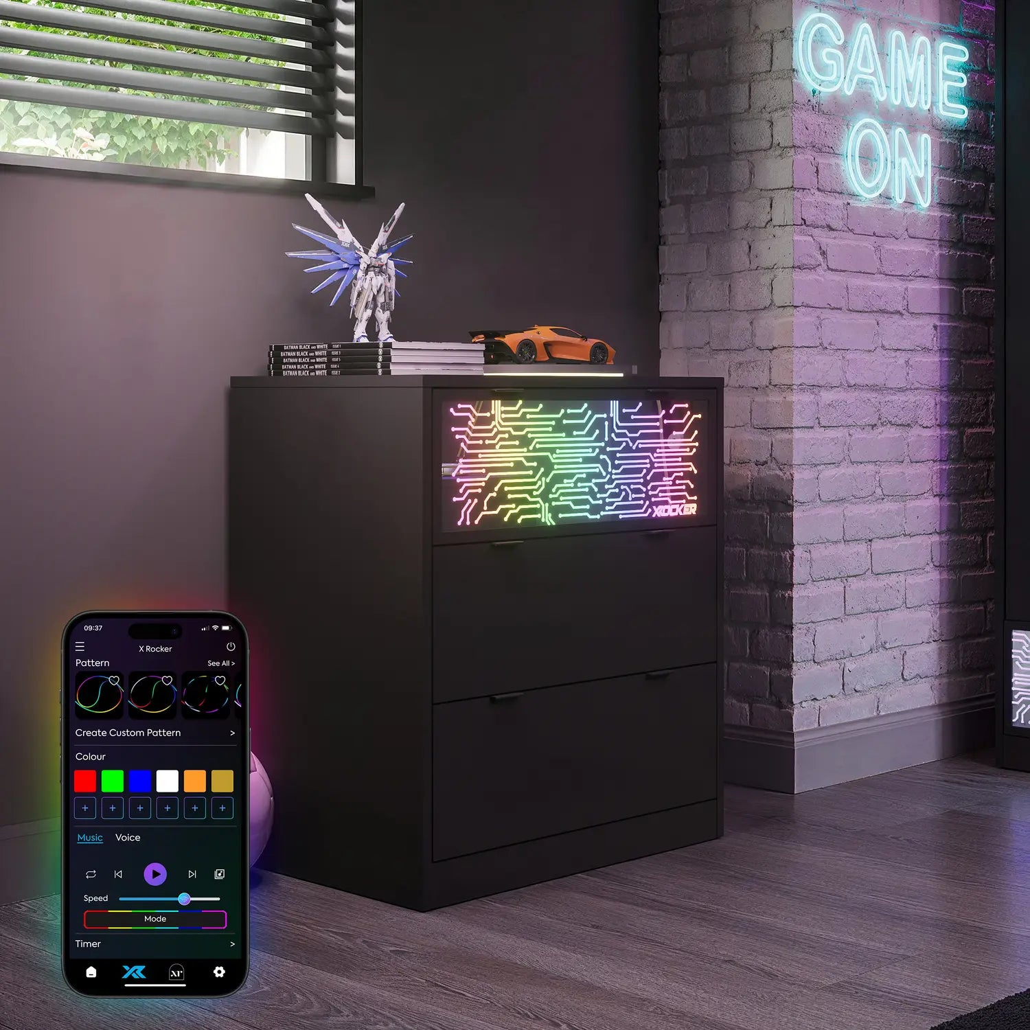 Black dresser with RGB lighting controlled by a smartphone app, in a room with a neon 'GAME ON' sign.