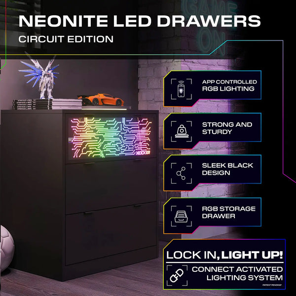 NeoNite Chest of 3 Drawers with Neo Motion™ Sync App Controlled LED Lights - Black