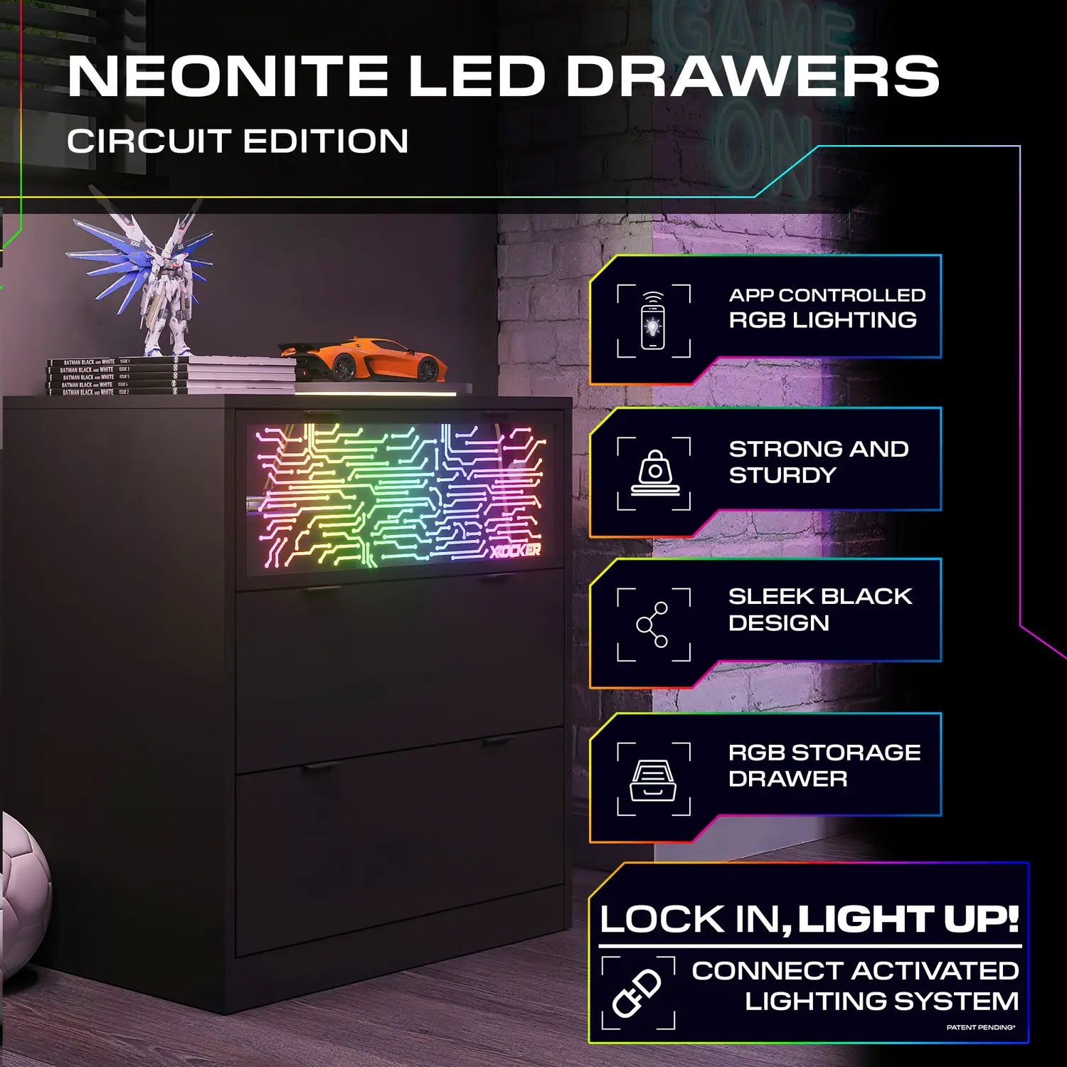Neonite LED drawers with RGB lighting in a room setting, featuring text highlighting features.