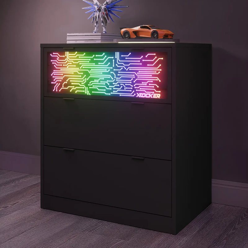 Black dresser with neon circuit board design on a dark background