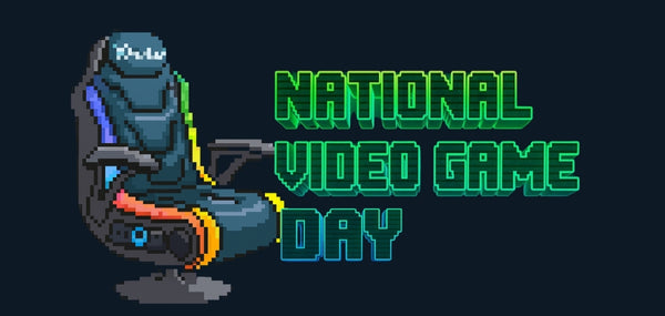 Gaming chair with 'National Video Game Day' text on a black background