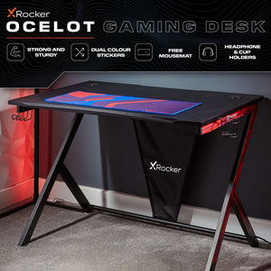 Ocelot Gaming Desk with Blue/Red Stickers and FREE Mousepad