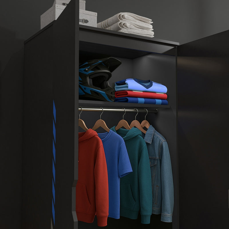 Closet with clothes on hangers and folded garments on a shelf.