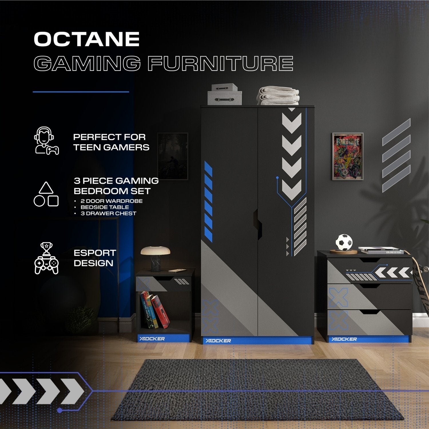 Gaming furniture set with 'X Rocker' branding in a room setting.