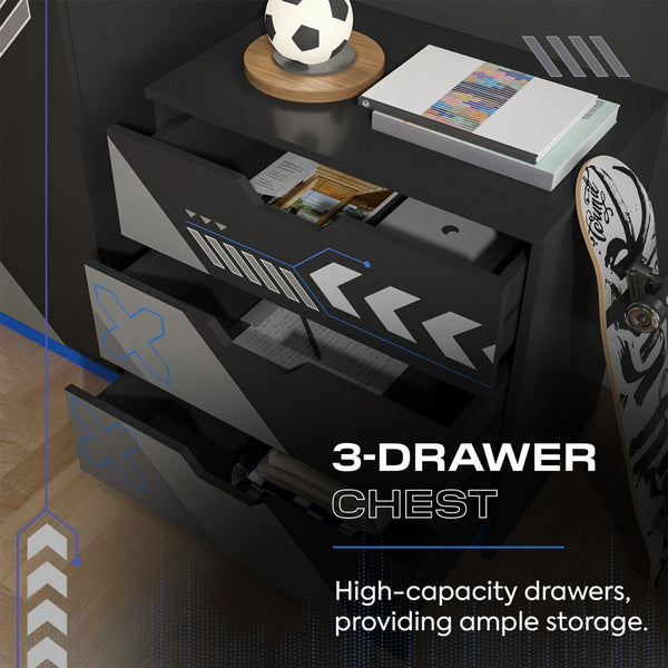 Black 3-drawer chest with storage items on top, labeled '3-Drawer Chest'.