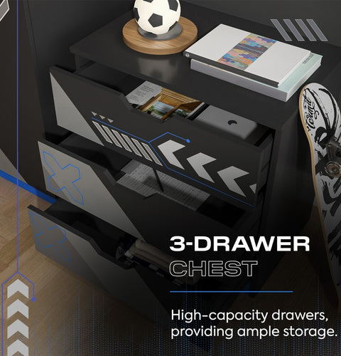 Black 3-drawer chest with storage items on top, labeled '3-Drawer Chest'.