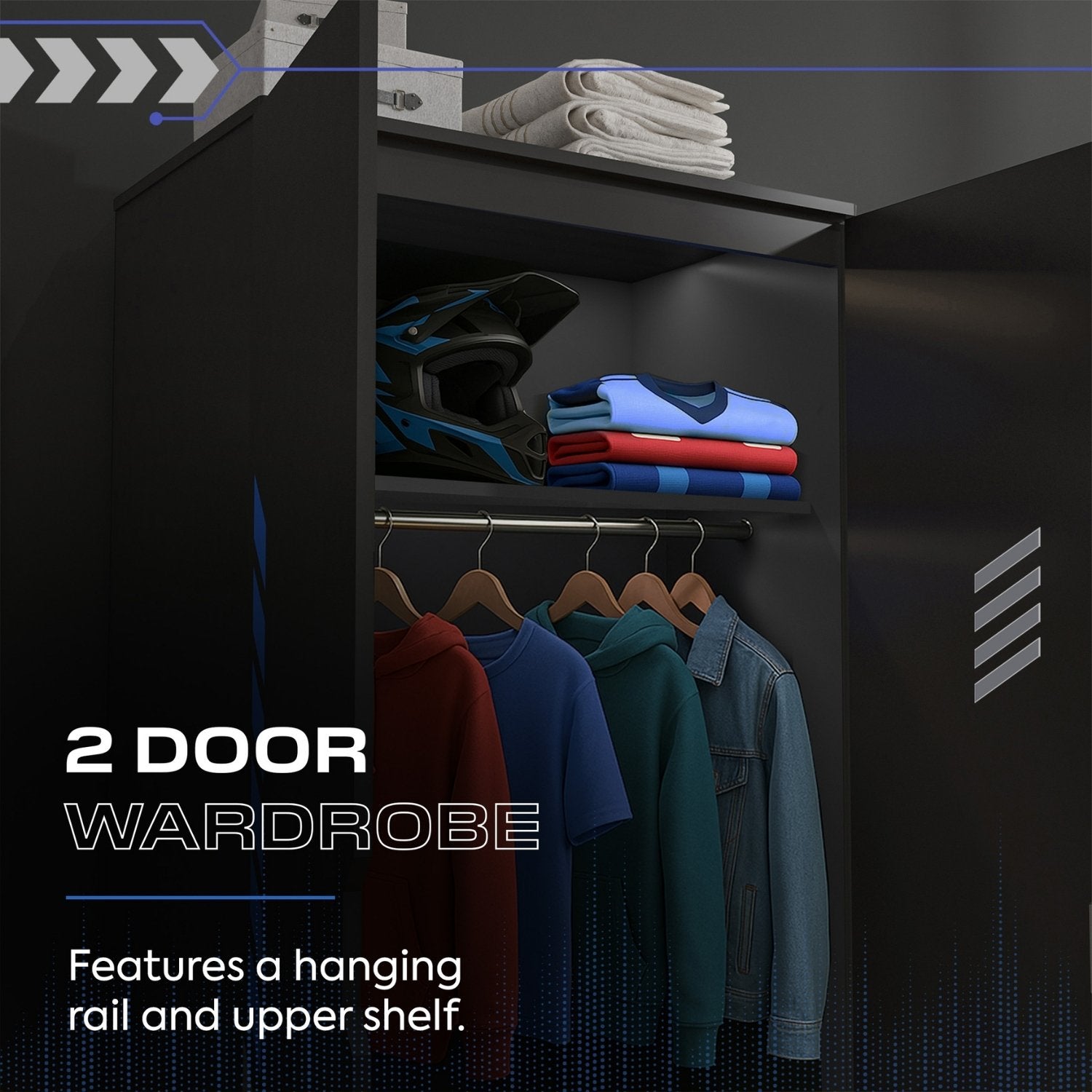 Black wardrobe with a hanging rail and upper shelf containing clothes and a helmet.