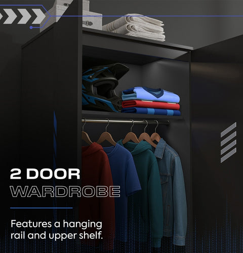 Black wardrobe with a hanging rail and upper shelf containing clothes and a helmet.