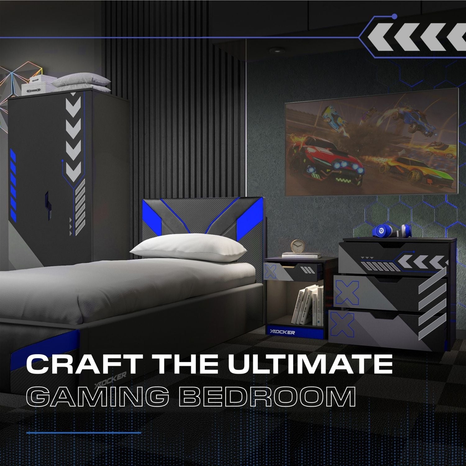 Gaming bedroom setup with bed, nightstands, and wall art.