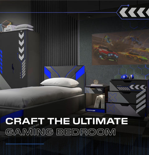 Gaming bedroom setup with bed, nightstands, and wall art.