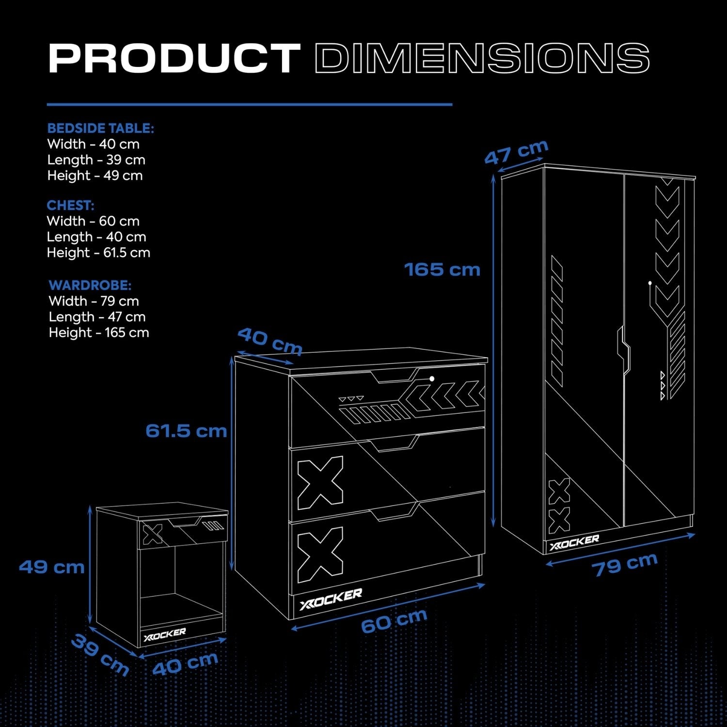 Product dimensions chart with bedside table, chest, and wardrobe illustrations on a black background.