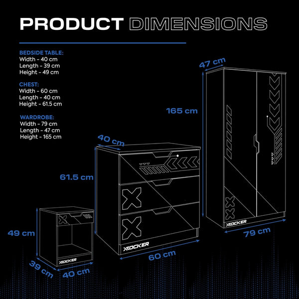 Product dimensions chart with bedside table, chest, and wardrobe illustrations on a black background.