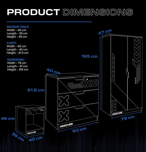 Product dimensions chart with bedside table, chest, and wardrobe illustrations on a black background.