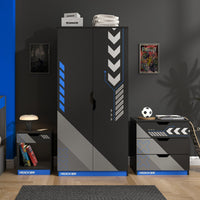 Black and gray cabinet with blue accents in a room setting