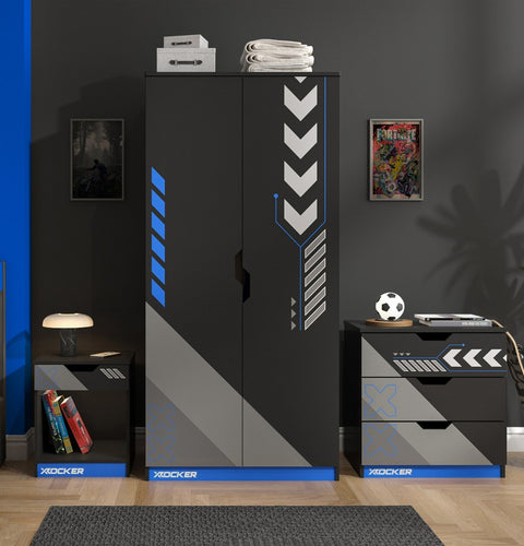 Black and gray cabinet with blue accents in a room setting