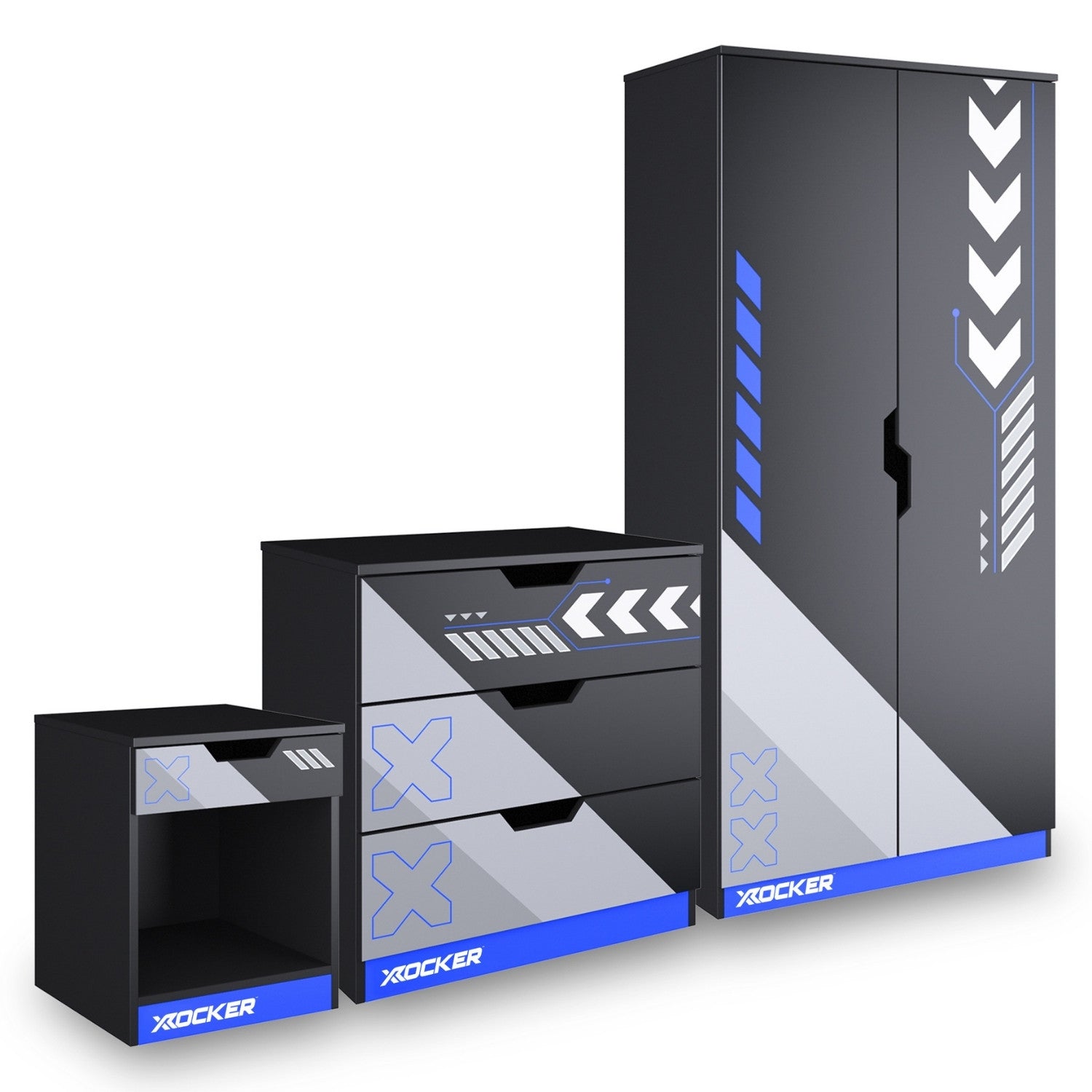 Black gaming desk with storage drawers and cabinet, featuring X rocker branding.