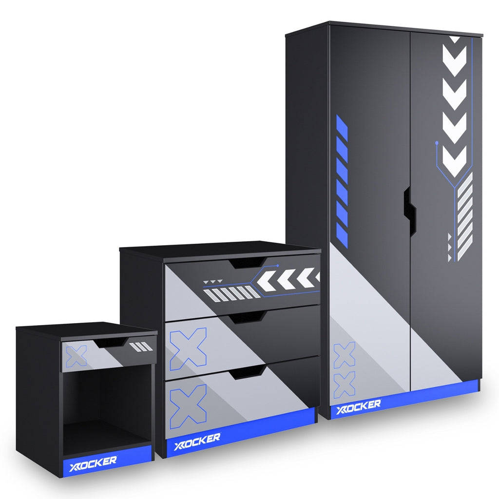 Black gaming desk with storage drawers and cabinet, featuring X rocker branding.