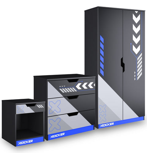 Black gaming desk with storage drawers and cabinet, featuring X rocker branding.