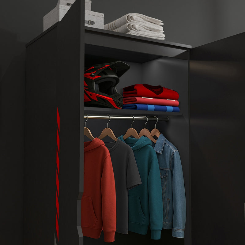 Black wardrobe with clothes on hangers and folded items on top