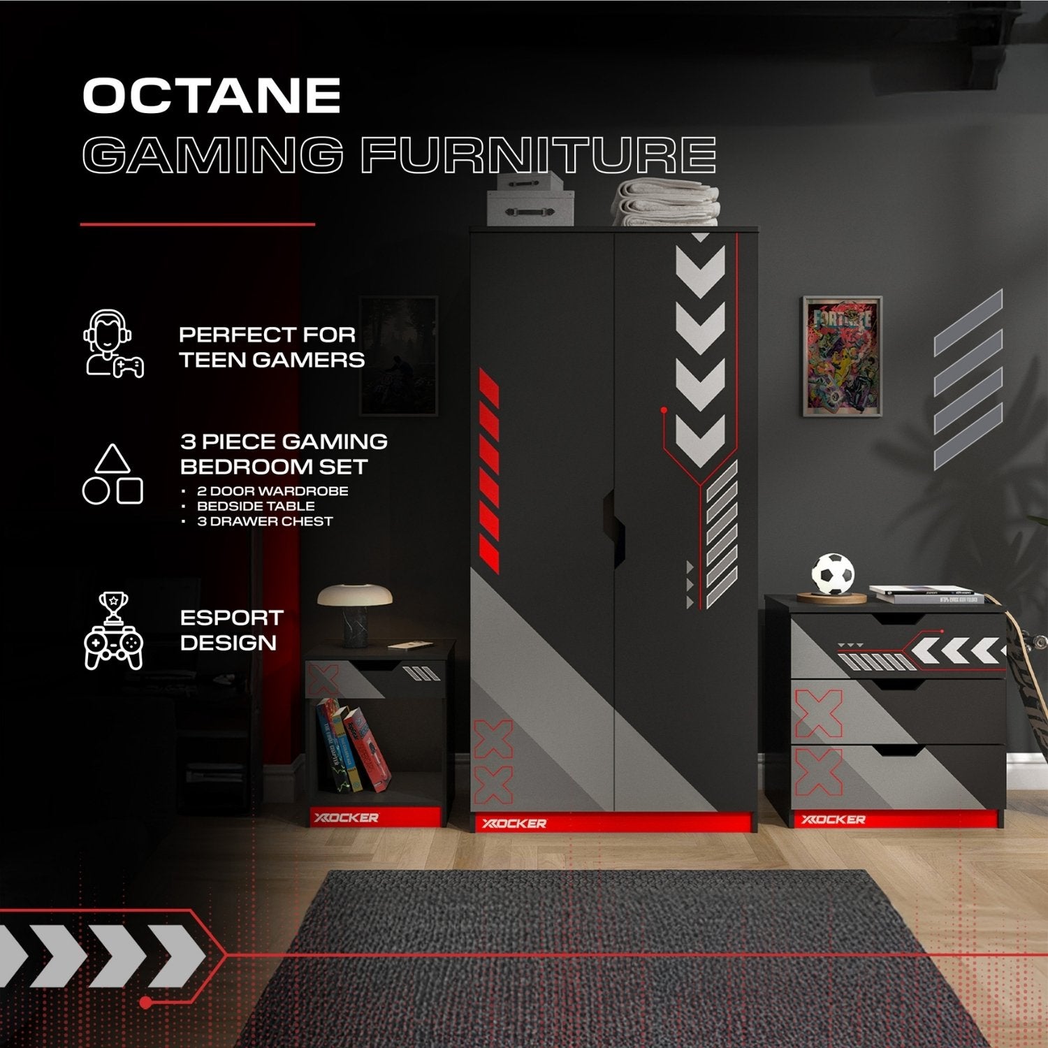 Gaming furniture set with black and red design, featuring a wardrobe, desk, and drawer chest, labeled 'Octane Gaming Furniture'.