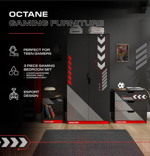 Gaming furniture set with black and red design, featuring a wardrobe, desk, and drawer chest, labeled 'Octane Gaming Furniture'.