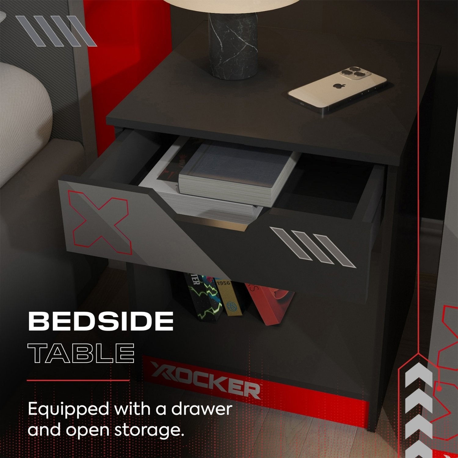 Bedside table with a drawer and open storage space, featuring the brand 'X rocker'.