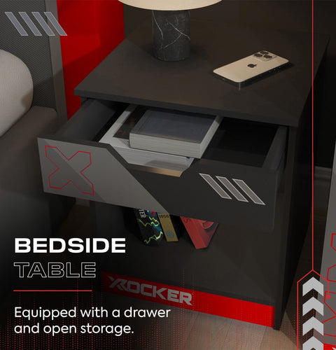 Bedside table with a drawer and open storage space, featuring the brand 'X rocker'.