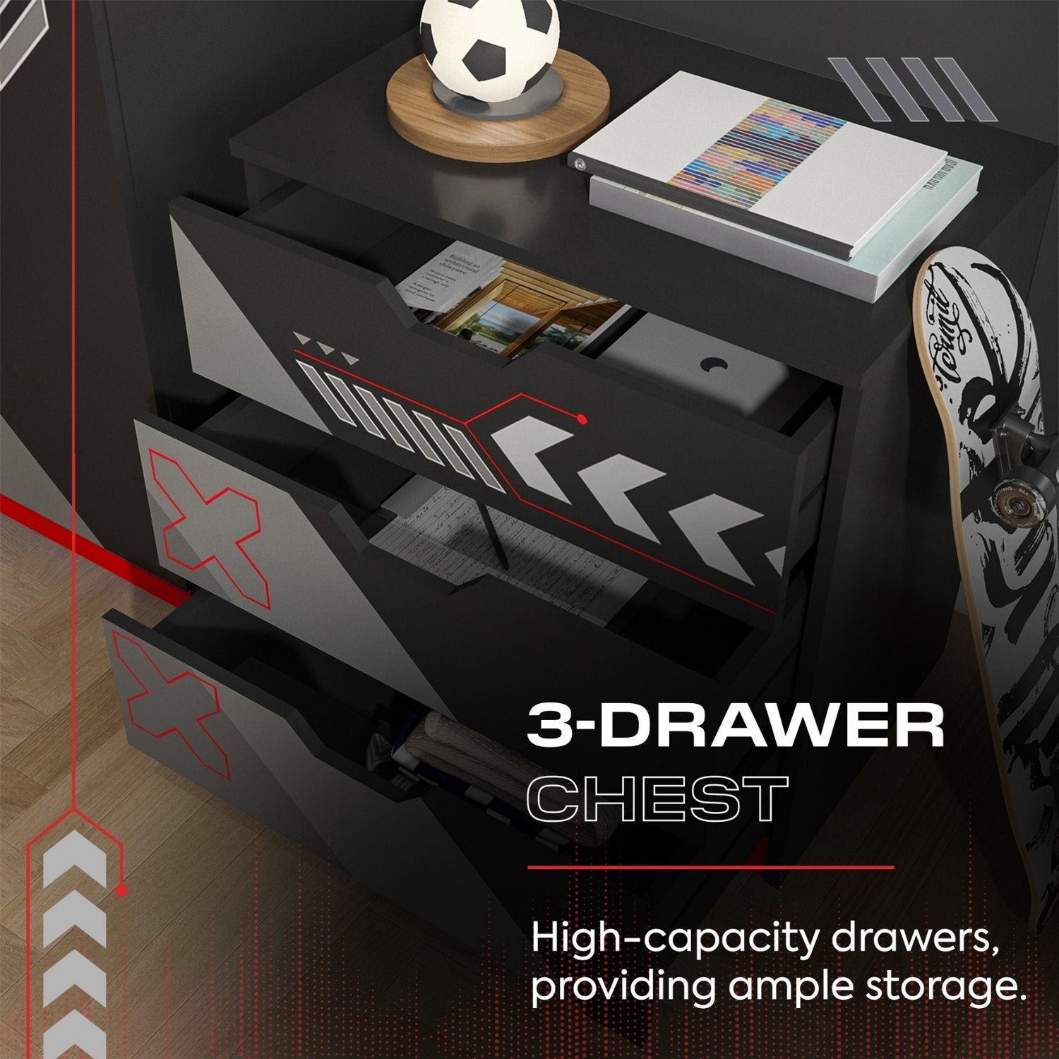 3-drawer chest with high-capacity drawers, ample storage, and decorative items on top.