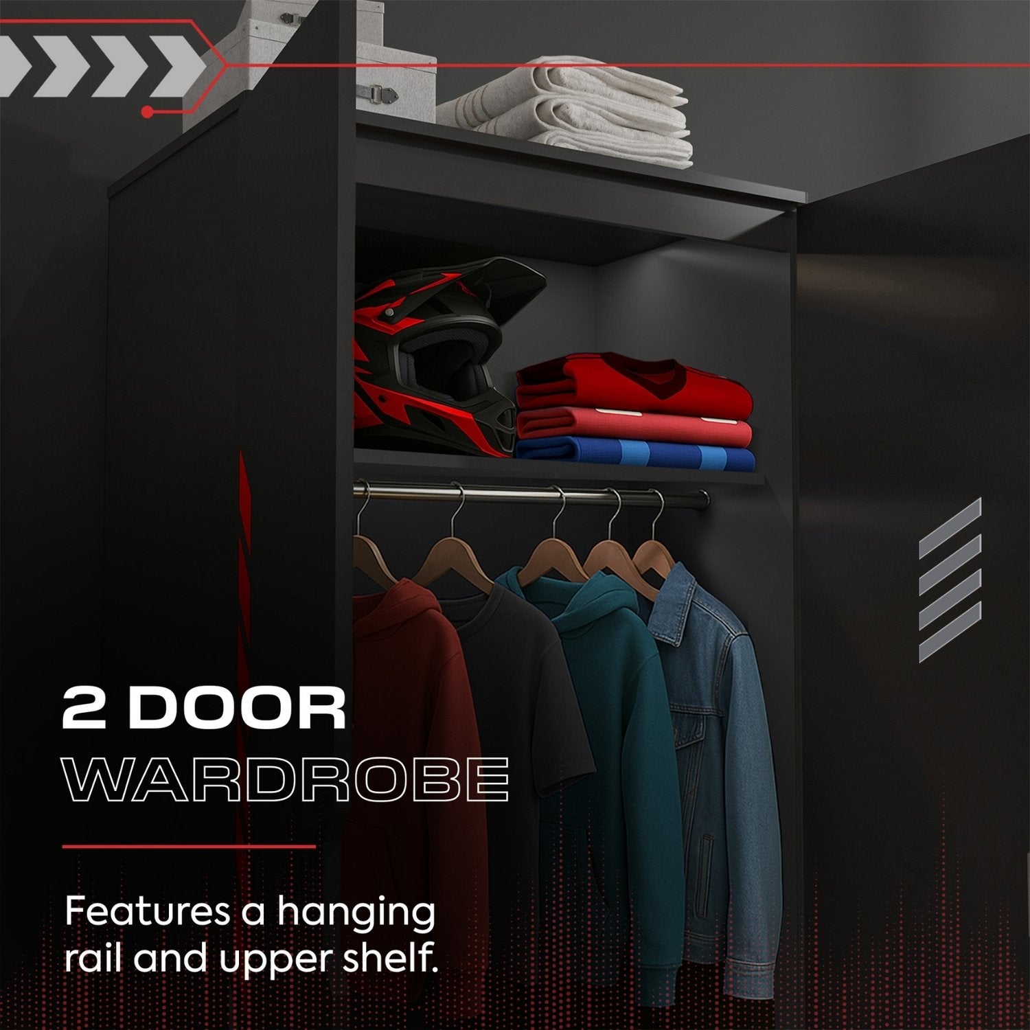 Black wardrobe with a hanging rail and upper shelf containing clothes and a helmet.