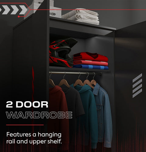 Black wardrobe with a hanging rail and upper shelf containing clothes and a helmet.