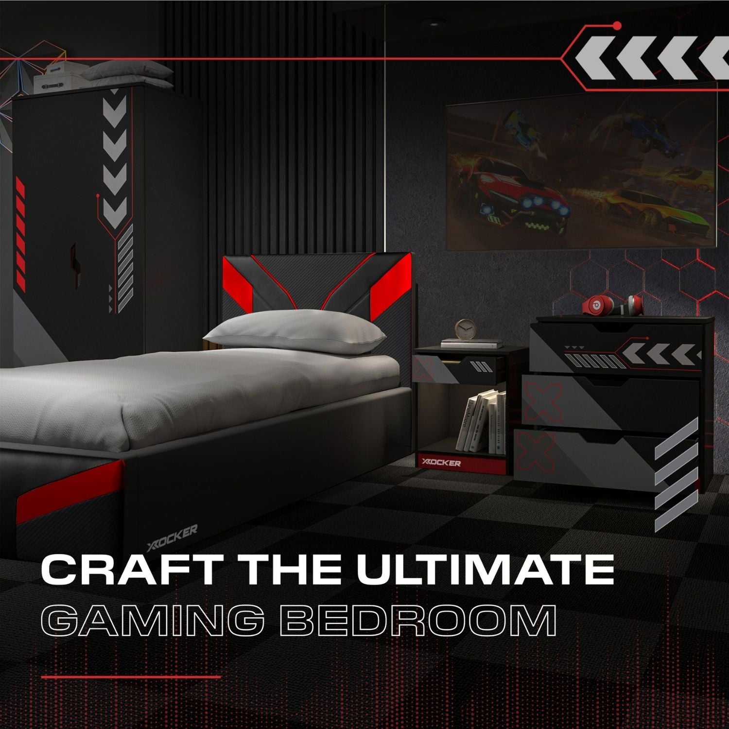 Gaming bedroom setup with bed, nightstands, and wall art in a dark theme with red accents.