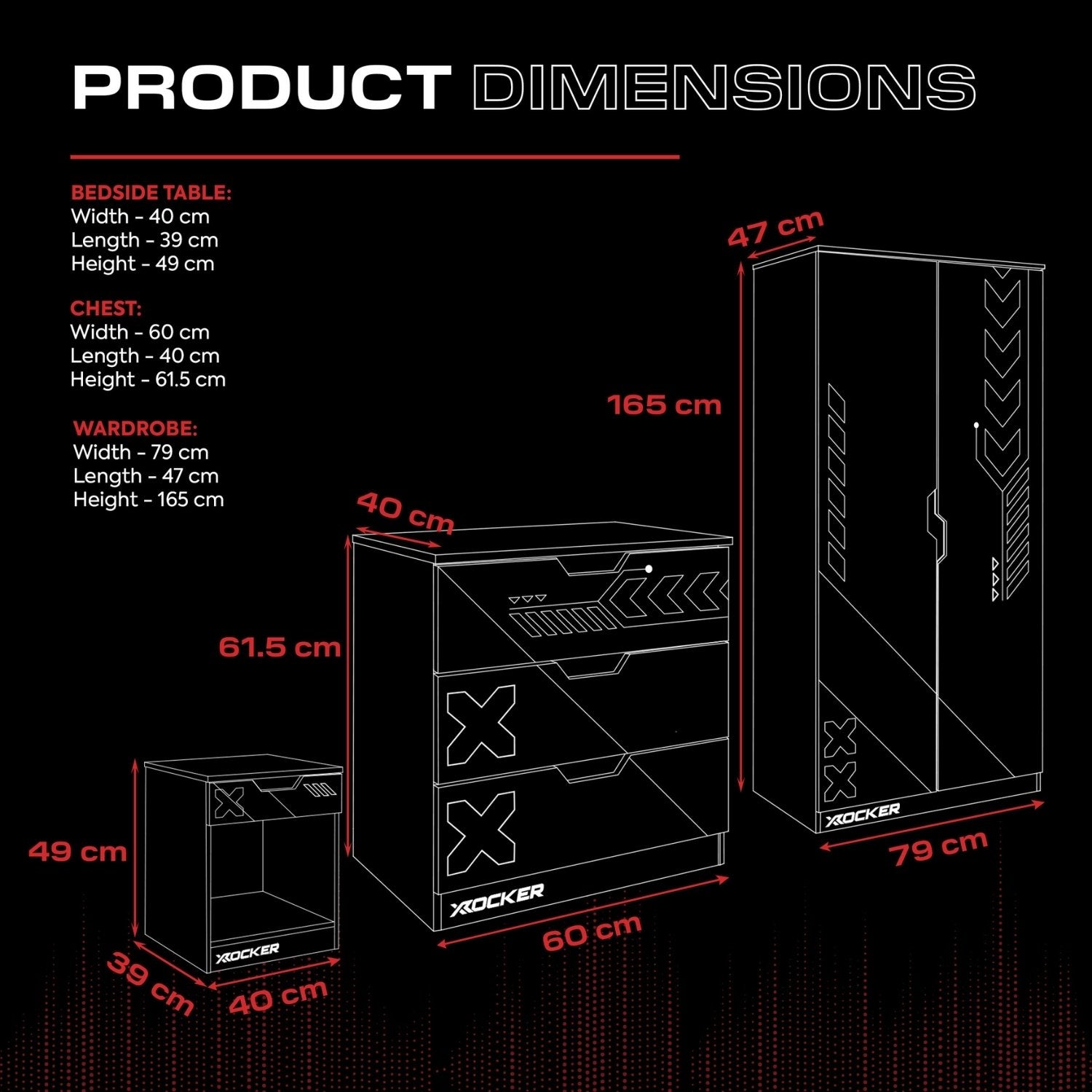 Product dimensions chart with X rocker gaming chair and table on a black background