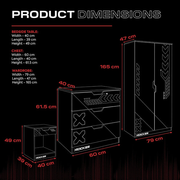 Product dimensions chart with X rocker gaming chair and table on a black background